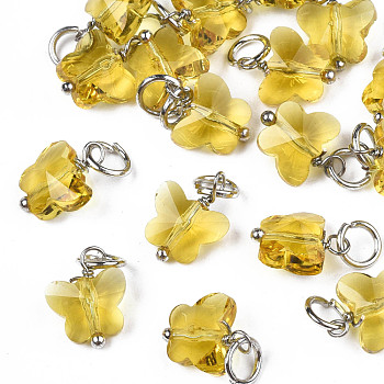 Faceted Transparent Glass Charms, with Iron Jump Ring, Butterfly, Yellow, 13~14x9.8x6mm, Hole: 4mm