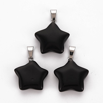 Star Natural Black Stone Pendants, with Platinum Tone Brass Findings, 22~23x20~24x5~7mm, Hole: 2x7mm