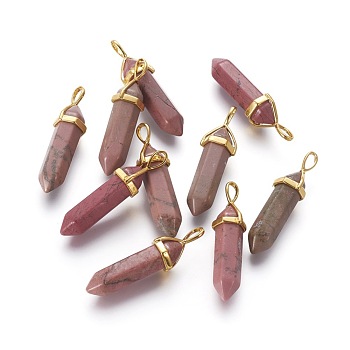 Faceted Bullet Natural Rhodochrosite Double Terminated Pointed Pendants, with Golden Tone Brass Findings, 35~43x10mm, Hole: 3x5mm