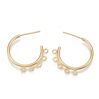 Brass Stud Earring Findings, Half Hoop Earrings, with Loop, Nickel Free, Real 18K Gold Plated, 24x23.5x1.5mm, Hole: 1.5mm, Pin: 0.8mm