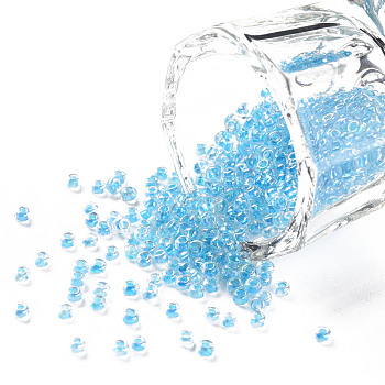 11/0 Grade A Transparent Glass Seed Beads, Inside Color, AB Color Plated, Deep Sky Blue, 2.3x1.5mm, Hole: 1mm, about 5380/50g