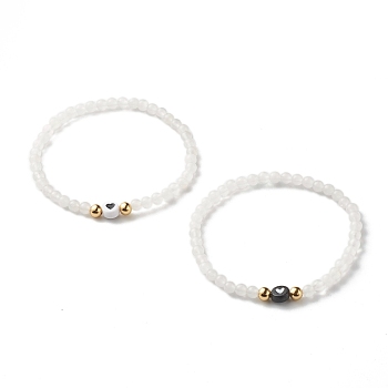 Natural White Jade Round Beads Stretch Bracelet Set, Heart Acrylic & 304 Stainless Steel Beads Bracelet, Golden, White, Inner Diameter: 2-1/4 inch(5.6cm), 2pcs/set