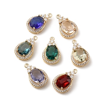 Brass with K9 Glass & Rhinestone Pendants, Light Gold, Teardrop Charms, Mixed Color, 19x12x7.5mm, Hole: 1.2mm