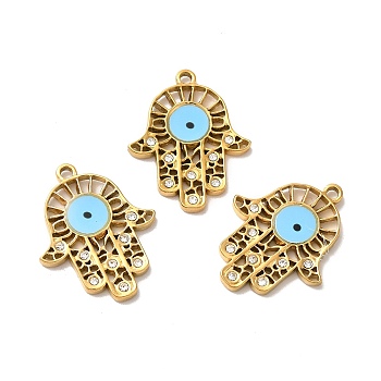 Ion Plating(IP) 304 Stainless Steel Enamel Pendants, with Crystal Rhinestone, Hamsa Hand with Evil Eye, Golden, 25x20x2mm, Hole: 1.6mm