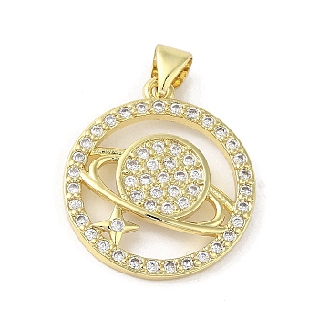 Rack Plating Brass Micro Pave Cubic Zirconia Pendants, Planet, Long-Lasting Plated, Cadmium Free & Lead Free, Real 18K Gold Plated, 22.5x19.5x2.5mm, Hole: 4x3mm