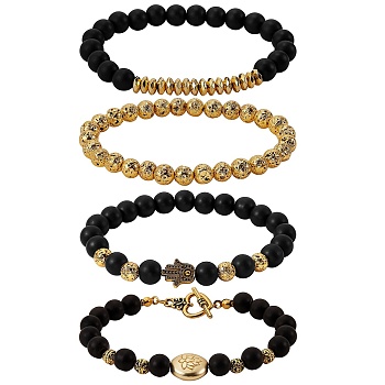 Natural Lava Rock & Synthetic Black Stone Round Beads Energy Stretch Bracelets Set, Lotus Flat Round Alloy Beads Bracelets, Heart Clasps Bracelets, Antique Golden, 2~2-3/8 inch(5.2~5.9cm), 4pcs/set