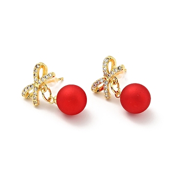 Clear Cubic Zirconia Bowknot with Plastic Pearl Dangle Stud Earrings, Gold Plated Brass Jewelry for Women, Cadmium Free & Lead Free, Red, 23.5mm, Pin: 0.8mm