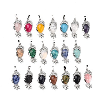Natural & Synthetic Gemstone Pendants, with Rack Plating Platinum Tone Brass Findings, Cadmium Free & Lead Free, Mixed Dyed and Undyed, Parrot, 37.5x15.5x7mm, Hole: 8mm