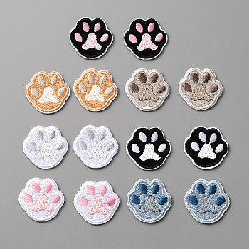 Cat Paw Print Shape Self-Adhesive Cloth Patches, Sewing Craft Decoration, Mixed Color, 26x27x2mm, 7 colors, 1 pair/color, 7 pairs/set