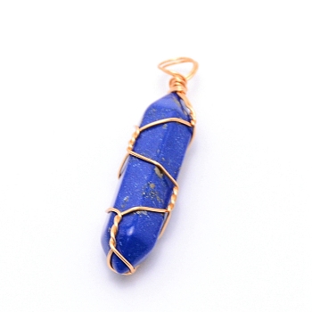 Natural Lapis Lazuli Pendants, with Golden Steel Wire, Hexagon Prism, 43x11x11mm, Hole: 5mm