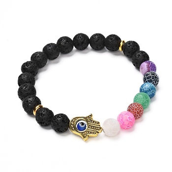 Round Natural Lava Rock & Weathered Agate(Dyed) Beads Stretch Bracelet, Hamsa Hand /Hand of Miriam with Evil Eye Bracelet, 7 Chakra Jewelry for Gift, Inner Diameter: 2-1/8 inch(5.5cm)