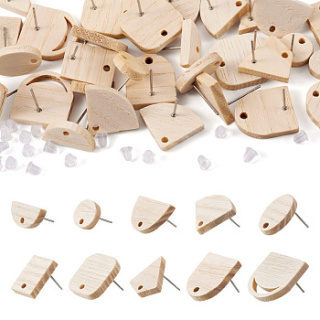 Pandahall 40Pcs 10 Styles Fan & Rectangle & Flat Round & Oval Ash Wood Stud Earring Findings, with 304 Stainless Steel Pin, with 50Pcs Plastic Ear Nuts, Wheat, 10.5~17x8~19mm, Hole: 1.8~2mm, Pin: 0.7mm, 4Pcs/style