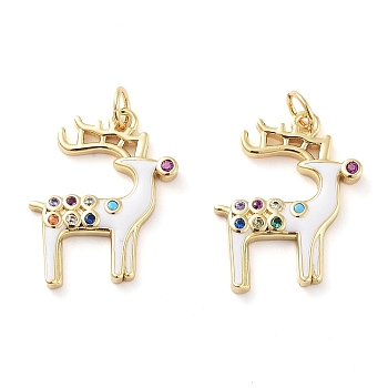 Christmas Theme Rack Plating Brass Pendants, Micro Pave Colorful Grade AAA Cubic Zirconia, with Enamel and Jump Ring, Long-Lasting Plated, Cadmium Free & Lead Free, Deer, 17x14x2mm, Hole: 2.5mm