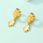 Natural Shell Hamsa Hamsa Hand Dangle Hoop Earrings, 304 Stainless Steel Earrings, Real 18K Gold Plated, 28mm(AW9713)