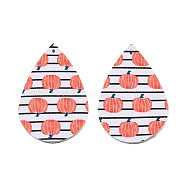 Autumn Theme PU Leather Big Pendants, Double Sided, teardrop,  with Pumpkin Pattern, White, 56x37x2mm, Hole: 1.8mm(FIND-R074-02B)