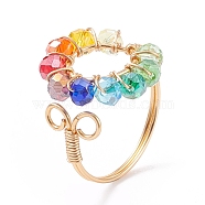 Colorful Glass Braided Ring Open Cuff Ring, Copper Wire Wrap Jewelry for Women, Golden, US Size 8 1/2(18.5mm)(RJEW-TA00035)
