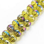Electroplate Transparent Glass Beads Strands, Rainbow Color Plated, Faceted, Round, Yellow, 10x9.5mm, Hole: 1.4mm, about 39~40pcs/strand, 14.17 inch~14.57 inch(36~37cm)(EGLA-N006-031-A04)