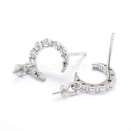 925 Sterling Silver Micro Pave Cubic Zirconia Stud Earring Findings, Moon, Platinum, Clear, 18x9x2mm, Pin: 0.8mm and 0.7mm, Tray: 4mm(STER-I016-066P)