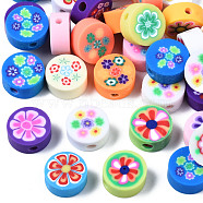 Handmade Polymer Clay Beads, for DIY Jewelry Crafts Supplies, Flat Round with Flower, Mixed Color, 9.5~10x4.5mm, Hole: 1.8mm(CLAY-N008-039)