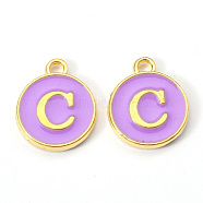 Golden Plated Alloy Enamel Charms, Enamelled Sequins, Flat Round with Letter, Medium Purple, Letter.C, 14x12x2mm, Hole: 1.5mm(X-ENAM-S118-10C)