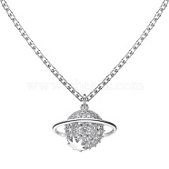 925 Sterling Silver Pendant Necklaces, Micro Pave Clear Cubic Zirconia, Planet, Real Platinum Plated, 15.75 inch(40cm)(NJEW-L179-04P)
