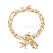 Anklets Sets, with Natural Pearl Beads, Brass Curb Chains & Paperclip Chains, 304 Stainless Steel Toggle Clasps & Pendants, Shell Shape & Starfish, Golden, 9-5/8 inch(24.5cm), 2pcs/set(AJEW-AN00366)