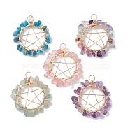 Mixed Gemstone Chips Copper Wire Wrapped Pendants, Pentagram Charms, Golden, 31~32x26~28x6~7mm, Hole: 4mm(PALLOY-JF02551)