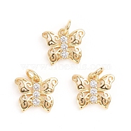 Brass Micro Pave Cubic Zirconia Pendants, with Jump Ring, Butterfly, Clear, Golden, 10.5x12x2mm, Hole: 3mm(ZIRC-E164-18A-G)