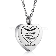Stainless Steel Heart Urn Ashes Pendant Necklace, Word To My Grandpa Memorial Jewelry for Men Women, Stainless Steel Color, 19.69 inch(50cm)(NJEW-SZ0001-60F)