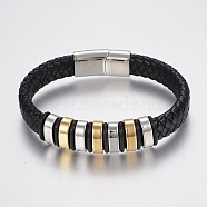 Braided Leather Cord Bracelets, with 304 Stainless Steel Beads Findings and Magnetic Clasps, Black, 8-5/8 inch(220mm), 29x14x8mm(X-BJEW-H560-69)