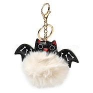 Halloween Alloy Keychain, with PU Imitation Leather and Plush Pompom, Bat, White, 15.35cm(KEYC-M023-03B)