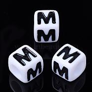 Acrylic Horizontal Hole Letter Beads, Cube, Letter M, White, Size: about 7mm wide, 7mm long, 7mm high, hole: 3.5mm, about 2000pcs/500g(PL37C9129-M)