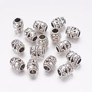 Tibetan Style Alloy Beads, Lead Free & Nickel Free & Cadmium Free, Barrel with Flower Pattern, Antique Silver, about 8.5mm in diameter, 10.5mm thick, hole: 4.5 mm(X-LF0855Y-NF)
