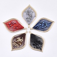 Polyester Thread Woven Big Pendants, with Glass and Golden Plated Alloy Findings, Long-Lasting Plated, Leaf, Mixed Color, 55.5x34x4mm, Hole: 2mm(FIND-S319-14)