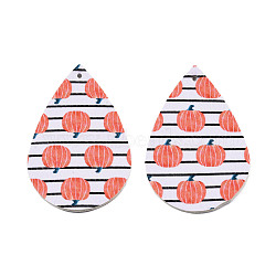 Autumn Theme PU Leather Big Pendants, Double Sided, teardrop,  with Pumpkin Pattern, White, 56x37x2mm, Hole: 1.8mm(FIND-R074-02B)