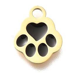 304 Stainless Steel Enamel Charms, Real 14K Gold Plated, Paw Print Charm, Black, 10x8x1mm, Hole: 1.6mm(STAS-L022-466G-01)