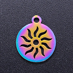 Ion Plating(IP) 201 Stainless Steel Charms, Flat Round with Sun, Rainbow Color, 14x12x1mm, Hole: 1.5mm(STAS-Q201-JN181)