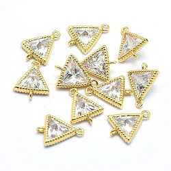 Brass Links, Clear, with Cubic Zirconia, Lead Free & Cadmium Free & Nickel Free, Triangle, Real 18K Gold Plated, 10.5x8x3.5mm, Hole: 0.8mm(KK-P155-66G-NR)
