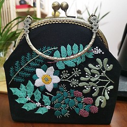 DIY Kiss Lock Coin Purse Embroidery Kit, Including Embroidered Cloth, Embroidery Needles & Thread, Metal Purse Handle, Flower Pattern, Black, 210x165x40mm(PW22062830577)