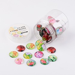 Glass Cabochons, Flower Printed, Flatback Half Round/Dome, Mixed Color, 25x7mm, about 50pcs/box(GGLA-JP0003-15)