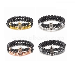 2Pcs 2 Style Synthetic Hematite & Black Stone & Natural Obsidian Stretch Bracelets Set with Cubic Zirconia Skull, Gemstone Jewelry for Women, Mixed Color, Inner Diameter: 2-3/8 inch(6cm), 1Pc/style(BJEW-JB08120)