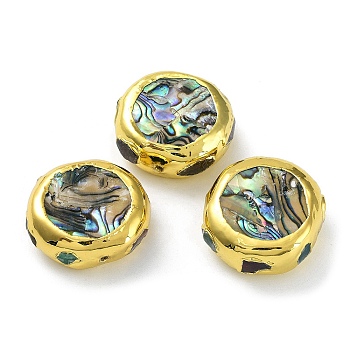 Rack Plating Brass Beads, with Natural Abalone Shell/Paua Shell, Long-Lasting Plated, Flat Round, Golden, 22~23x23.5~25x9~10mm, Hole: 1mm