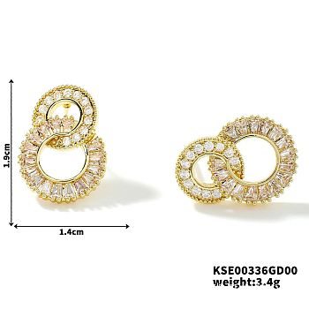 Shiny Double Ring Stud Earrings for Women, Fashionable and Elegant, Golden, 19x14mm