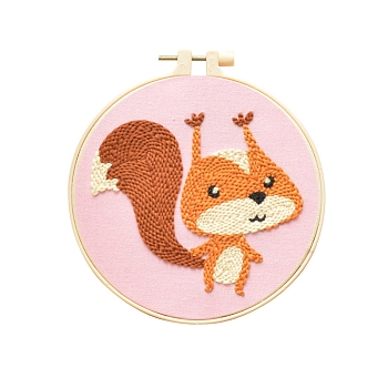 Animal Theme DIY Display Decoration Punch Embroidery Beginner Kit, Including Punch Pen, Needles & Yarn, Cotton Fabric, Threader, Plastic Embroidery Hoop, Instruction Sheet, Squirrel, 155x155mm