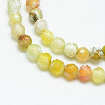 Natural Fire Crackle Agate Bead Strands, Dyed, Faceted, Round, Light Khaki, 4mm, Hole: 1mm, about 87~90pcs/strand, 13.8~14.6 inch
