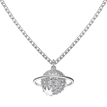 925 Sterling Silver Pendant Necklaces, Micro Pave Clear Cubic Zirconia, Planet, Real Platinum Plated, 15.75 inch(40cm)