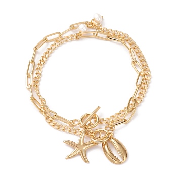 Anklets Sets, with Natural Pearl Beads, Brass Curb Chains & Paperclip Chains, 304 Stainless Steel Toggle Clasps & Pendants, Shell Shape & Starfish, Golden, 9-5/8 inch(24.5cm), 2pcs/set