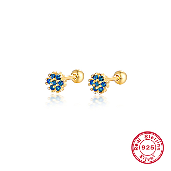 Real 18K Gold Plated 925 Sterling Silver Flower Stud Earrings, with Cubic Zirconia, Dodger Blue, 5mm