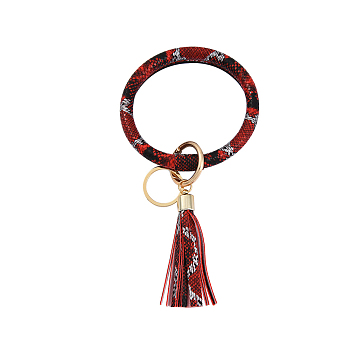 Snakeskin Pattern PU Imitaition Leather Bangle Keychains, Wristlet Keychain with Tassel & Alloy Ring, Red, 200x100mm