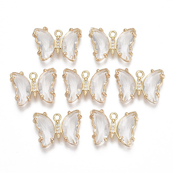 Glass Pendants, with Micro Pave Cubic Zirconia and Brass Open Back Settings, Faceted, Butterfly, Light Gold, Clear, 15.5x20x4mm, Hole: 1.8mm